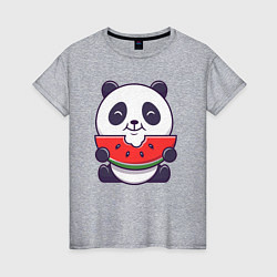Футболка хлопковая женская Панда ест арбуз, цвет: меланж