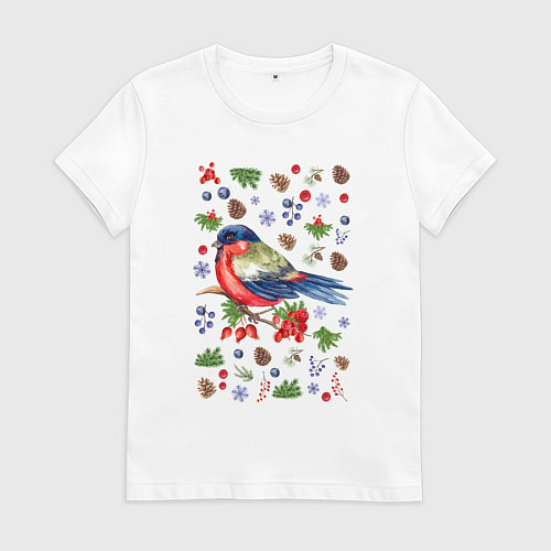 Женская футболка Снегирь на ветке зимой / Белый – фото 1