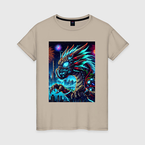 Женская футболка Cyber dragon - ai art neon / Миндальный – фото 1