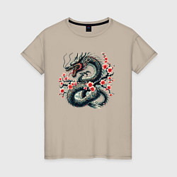 Футболка хлопковая женская Japanese dragon and sakura - irezumi, цвет: миндальный