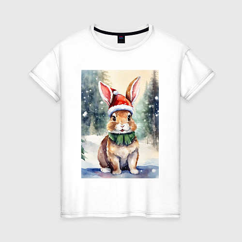 Женская футболка Счастливый кролик в рождественской шапке / Белый – фото 1