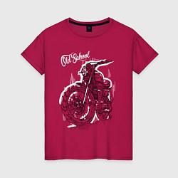 Футболка хлопковая женская Старая школа - мотоцикл, цвет: маджента