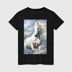 Футболка хлопковая женская Белая лошадь на фоне неба, цвет: черный