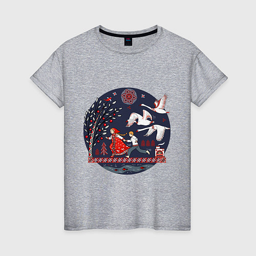 Женская футболка Сказка Гуси - лебеди в стиле мезенской росписи / Меланж – фото 1