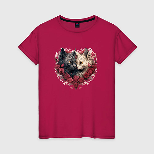 Женская футболка Пара котов - День Валентина / Маджента – фото 1
