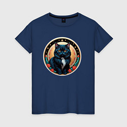 Футболка хлопковая женская Персидский котик ждет Новый Год, цвет: тёмно-синий