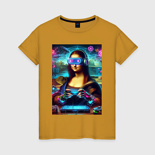 Женская футболка Mona Lisa is an avid gamer - cyberpunk / Горчичный – фото 1