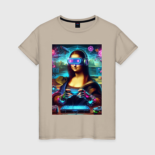 Женская футболка Mona Lisa is an avid gamer - cyberpunk / Миндальный – фото 1