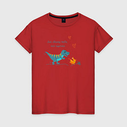 Женская футболка Забавный динозавр бежит за курицей