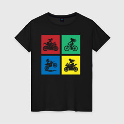 Женская футболка Силуэты девушек на велосипедах и мотоциклах