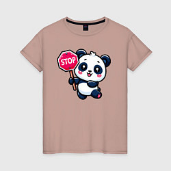 Футболка хлопковая женская Милая панда со знаком стоп, цвет: пыльно-розовый