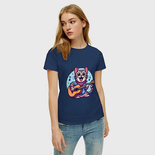 Женская футболка Полосатый кот играет на гитаре / Тёмно-синий – фото 3