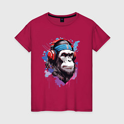 Футболка хлопковая женская Шимпанзе в наушниках, цвет: маджента