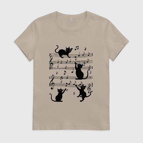 Женская футболка Черные кошки с музыкальными нотами / Миндальный – фото 1