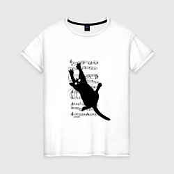 Женская футболка Кот повис на музыкальных нотах