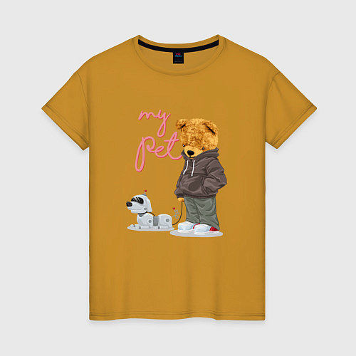 Женская футболка Плюшевый медведь с роботом-собакой / Горчичный – фото 1