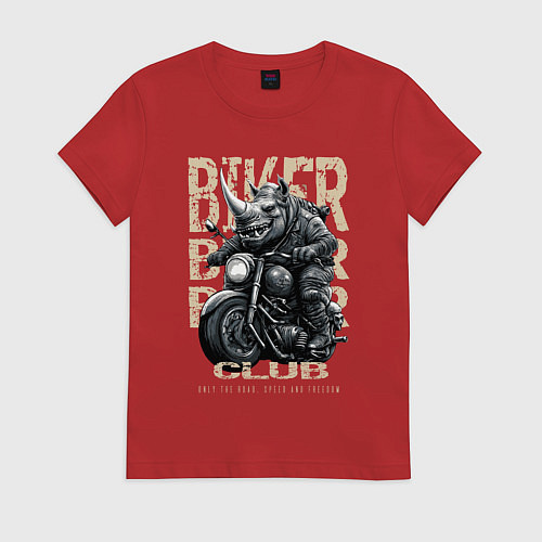 Женская футболка Носорог байкер на мотоцикле / Красный – фото 1