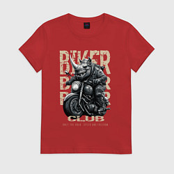 Футболка хлопковая женская Носорог байкер на мотоцикле, цвет: красный