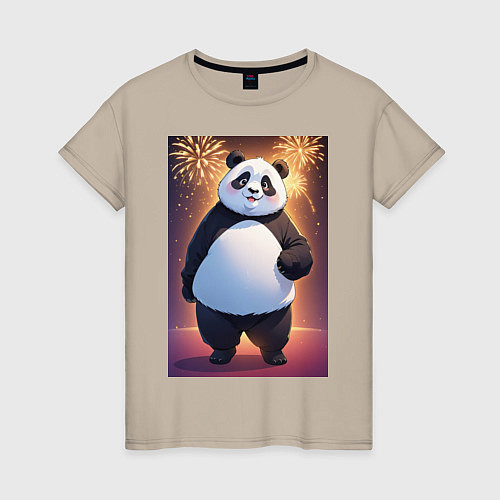 Женская футболка Панда в свитере под салютом - ai art / Миндальный – фото 1
