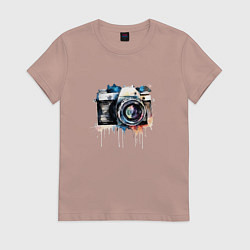 Футболка хлопковая женская Фотоаппарат акварель, цвет: пыльно-розовый