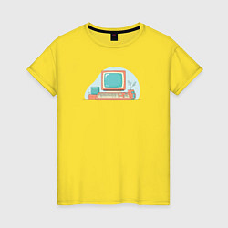 Футболка хлопковая женская Старый компьютер с клавиатурой, цвет: желтый