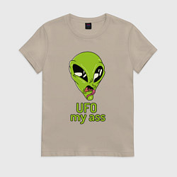 Женская футболка Зеленый пришелец НЛО с надписью UFO my ass