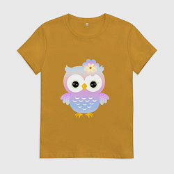 Футболка хлопковая женская Милая Сова разноцветная, цвет: горчичный