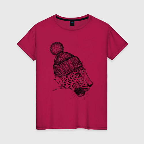 Женская футболка Леопард в шапке / Маджента – фото 1