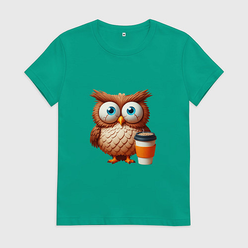 Женская футболка Растрепанная сова с кофе / Зеленый – фото 1