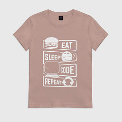 Футболка хлопковая женская Eat sleep code repeat арт, цвет: пыльно-розовый