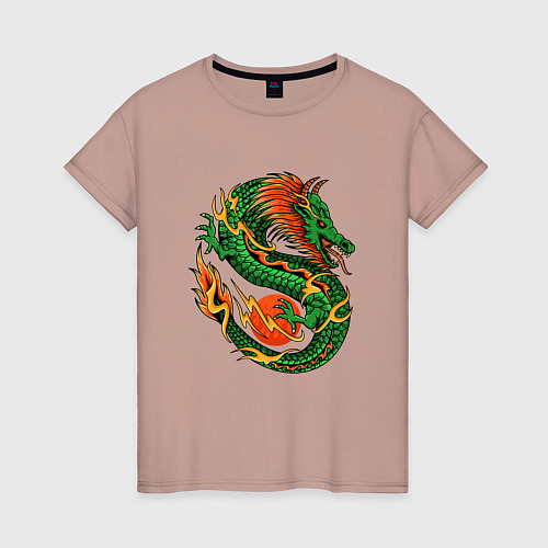 Женская футболка Азиатский зеленый дракон / Пыльно-розовый – фото 1