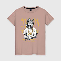 Женская футболка Волк репер в золотых наушниках