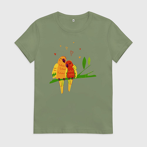 Женская футболка Пара влюбленных попугаев на ветке / Авокадо – фото 1