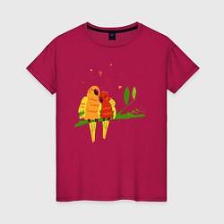 Женская футболка Пара влюбленных попугаев на ветке