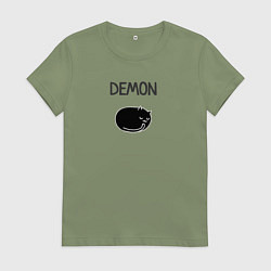 Футболка хлопковая женская Минималистичный кот демон, цвет: авокадо