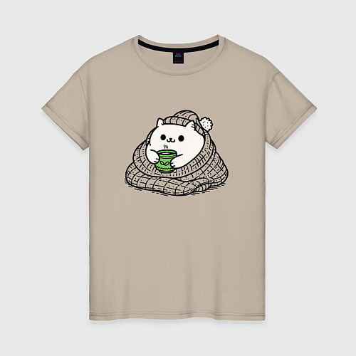 Женская футболка Укутанный котик с горячим чаем / Миндальный – фото 1