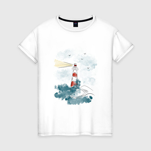 Женская футболка Маяк и волны - акварель / Белый – фото 1
