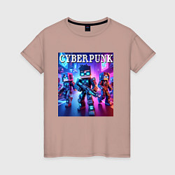 Футболка хлопковая женская Minecraft and cyberpunk - collaboration, цвет: пыльно-розовый