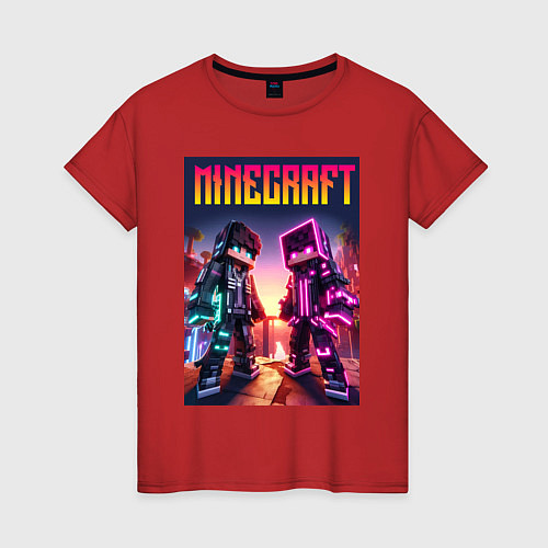 Женская футболка Minecraft - neon fantasy ai art / Красный – фото 1