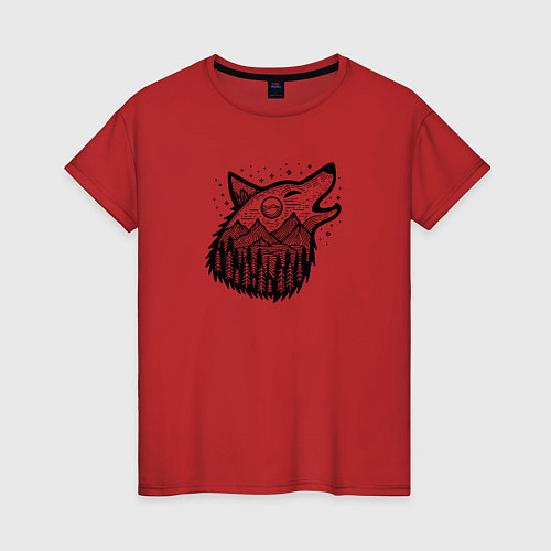 Женская футболка Голова воющего волка и горы / Красный – фото 1