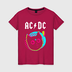 Футболка хлопковая женская AC DC rock star cat, цвет: маджента