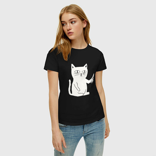 Женская футболка Кот-мем с ножом / Черный – фото 3