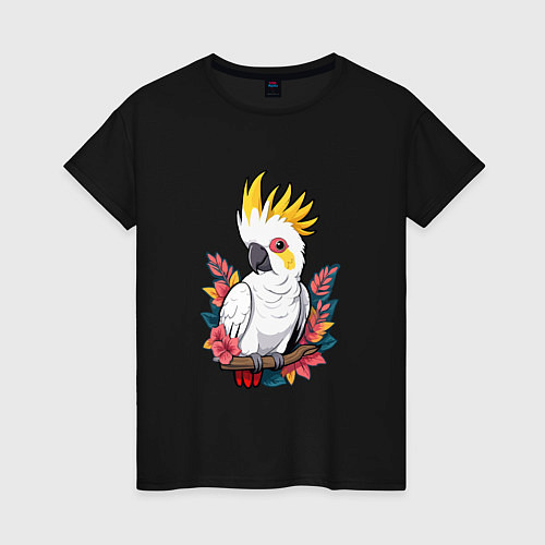 Женская футболка Попугай какаду на ветке с листьями / Черный – фото 1