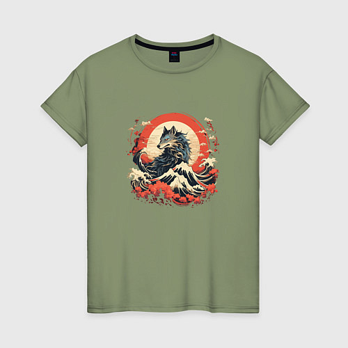 Женская футболка Японский волк на закате / Авокадо – фото 1