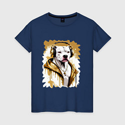 Футболка хлопковая женская Белая собака репер в наушниках с золотой цепью, цвет: тёмно-синий