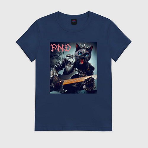 Женская футболка Чёрный котяра - панк гитарист / Тёмно-синий – фото 1
