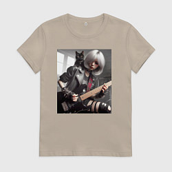 Женская футболка Девчонка рок гитарист с чёрным котом