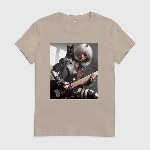 Женская футболка Девчонка рок гитарист с чёрным котом / Миндальный – фото 1