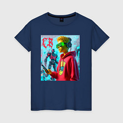 Футболка хлопковая женская Bart Simpson - cyberpunk ai art, цвет: тёмно-синий