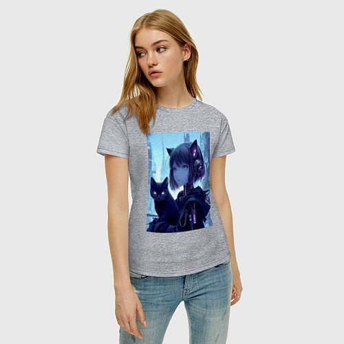 Женская футболка Девчонка кошка с котёнком - нейросеть / Меланж – фото 3